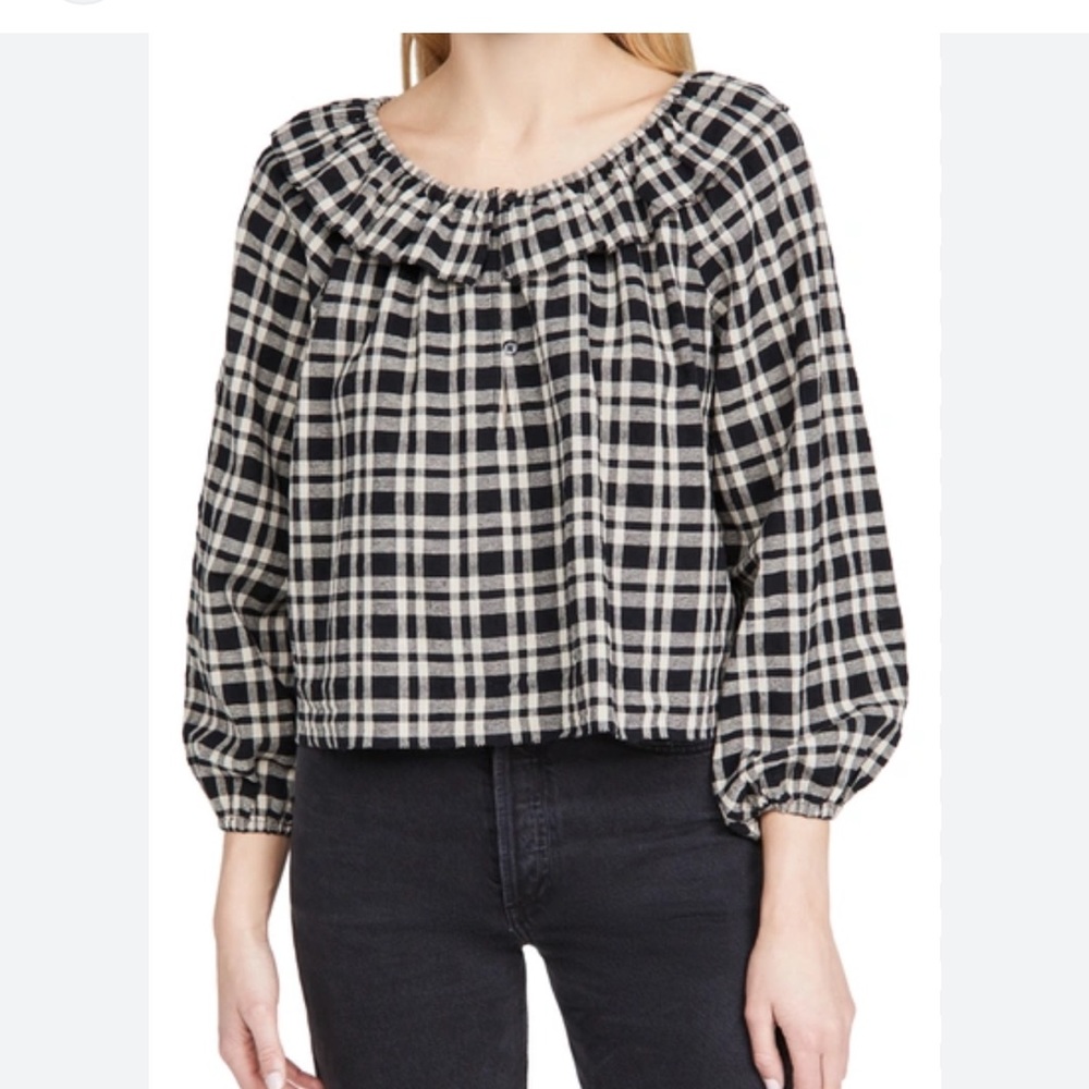 The Great The Coastal top plaid ruffle oversized cotton blouse size 3 NWT